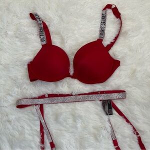 Victoria Secret Very Sexy Red Bling Rhinestone 34C Bra and M/L Garter